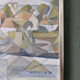 Framed Modernist Swedish Oil Painting "Cubist Coastal Town"