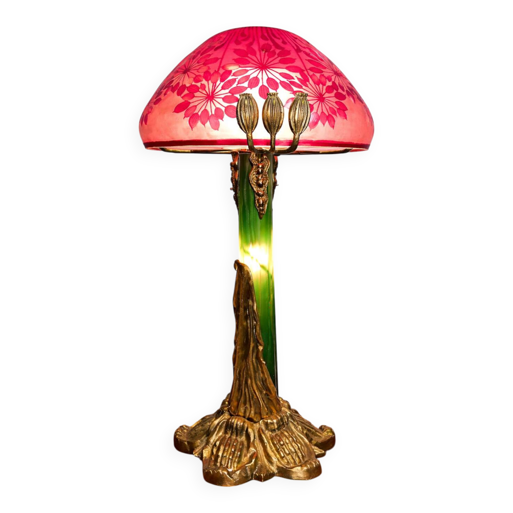 Grande lampe style Art Nouveau – pied en bronze et verre, abat-jour dégagé