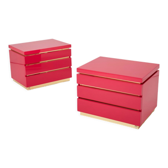Pair of pink and brass lacquered bedside tables Jean-Claude Mahey 1970