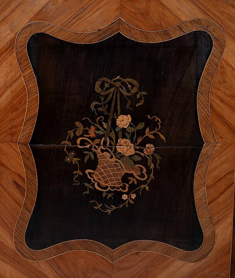 Showcase in precious wood marquetry, Louis XV Transition style.