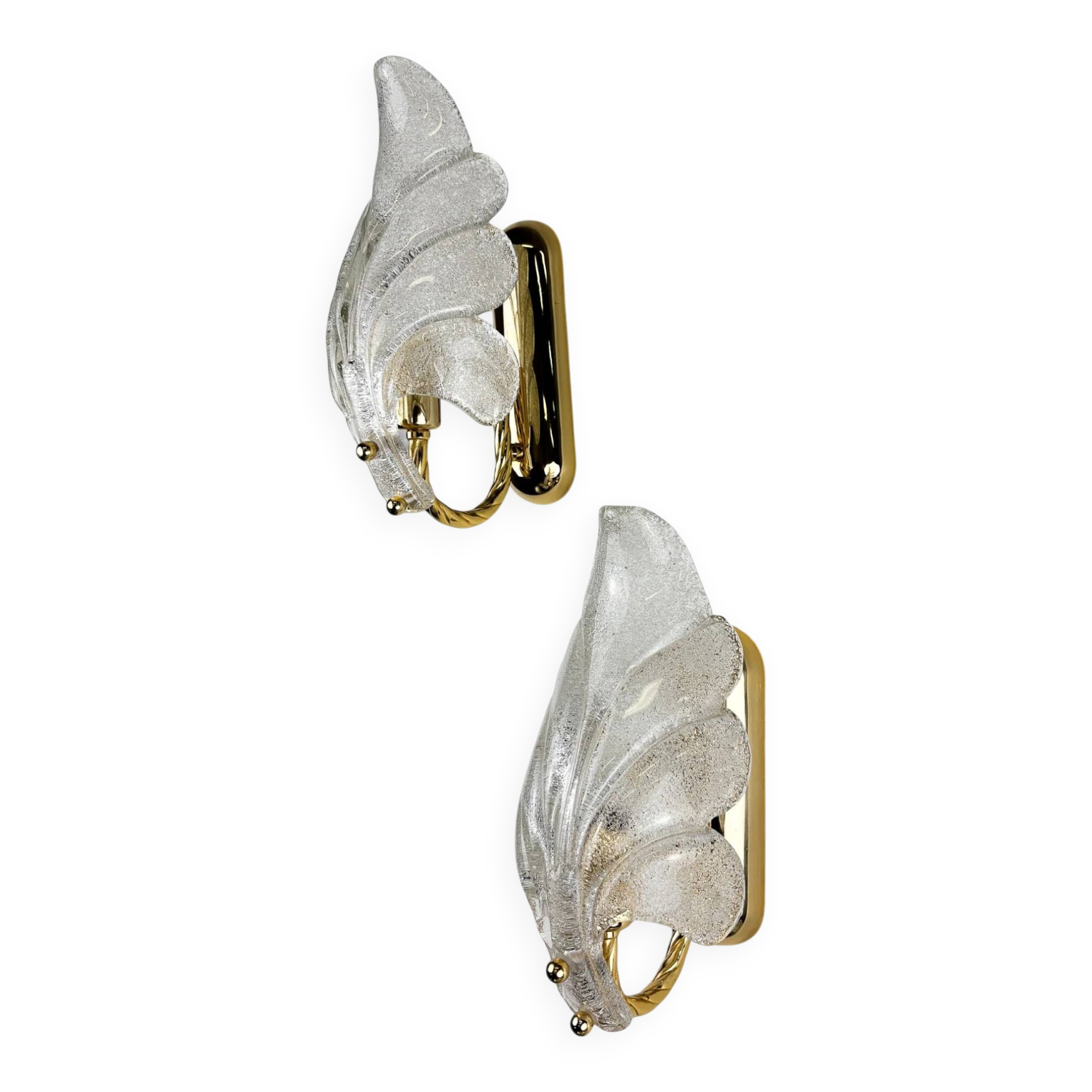 Pair of Murano frosted leaf sconces, textured glass & gilt brass, Italy, 1970s