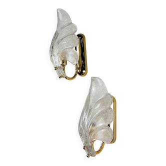 Pair of Murano frosted leaf sconces, textured glass & gilt brass, Italy, 1970s