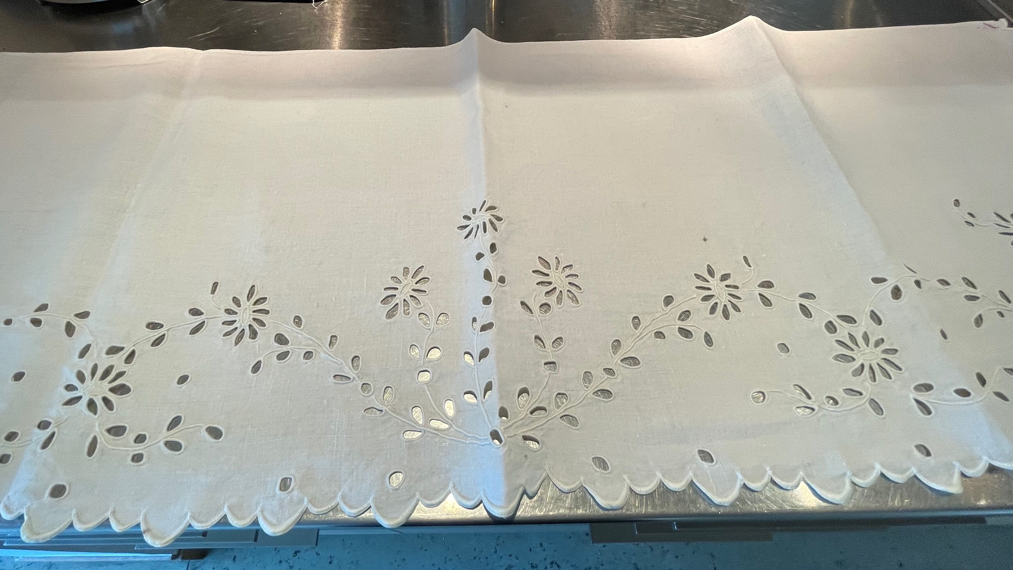 Old linen embroidered Richelieu top chest of drawers fireplace