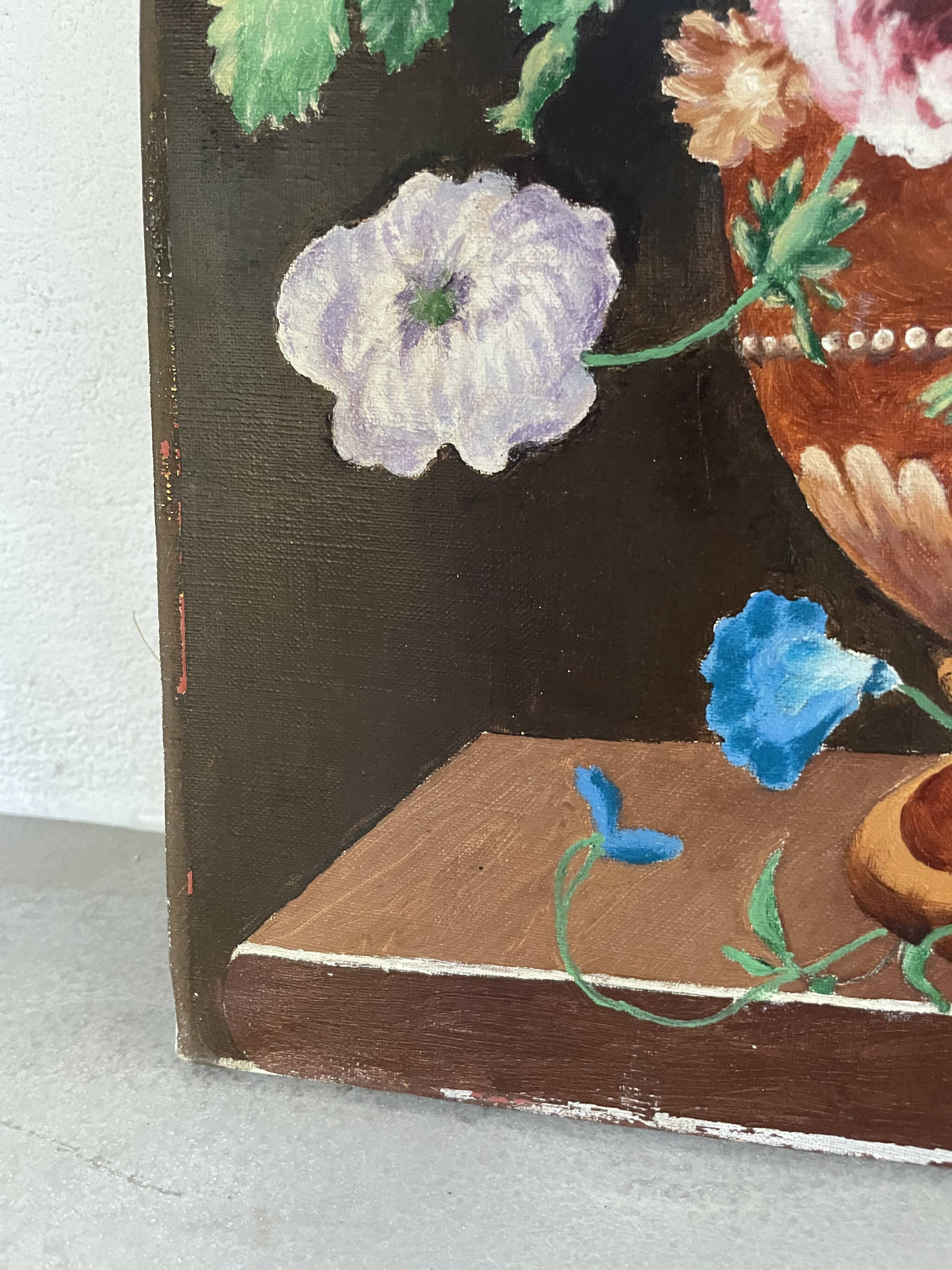 Oil painting on wood flowers signed Grumet