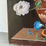 Peinture à l’huile sur bois fleurs signée Grumet