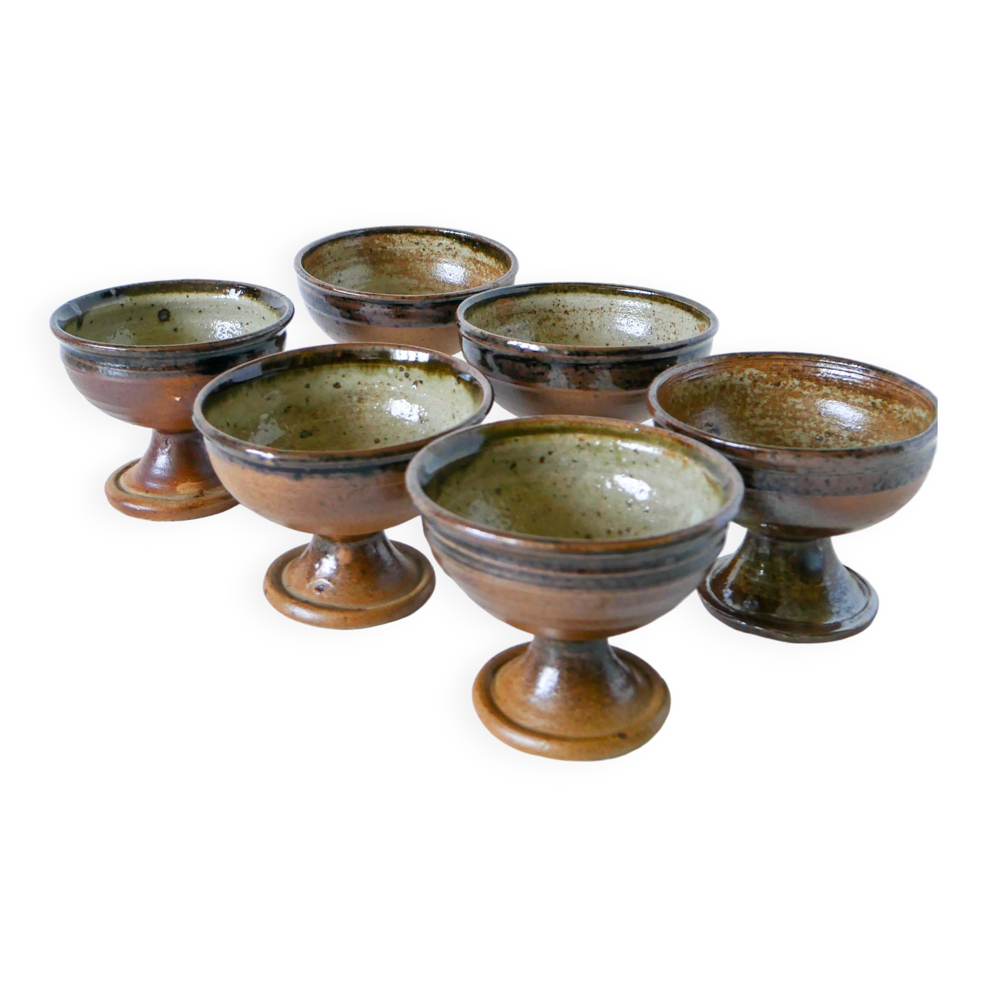 Set of 6 glazed stoneware bowls, handcrafted, 1970