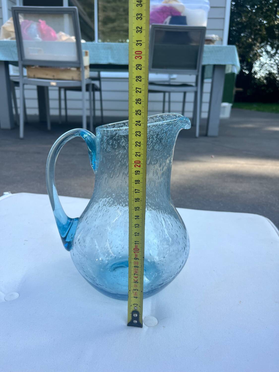 Blue bubble glass pitcher signed Biot – Provence