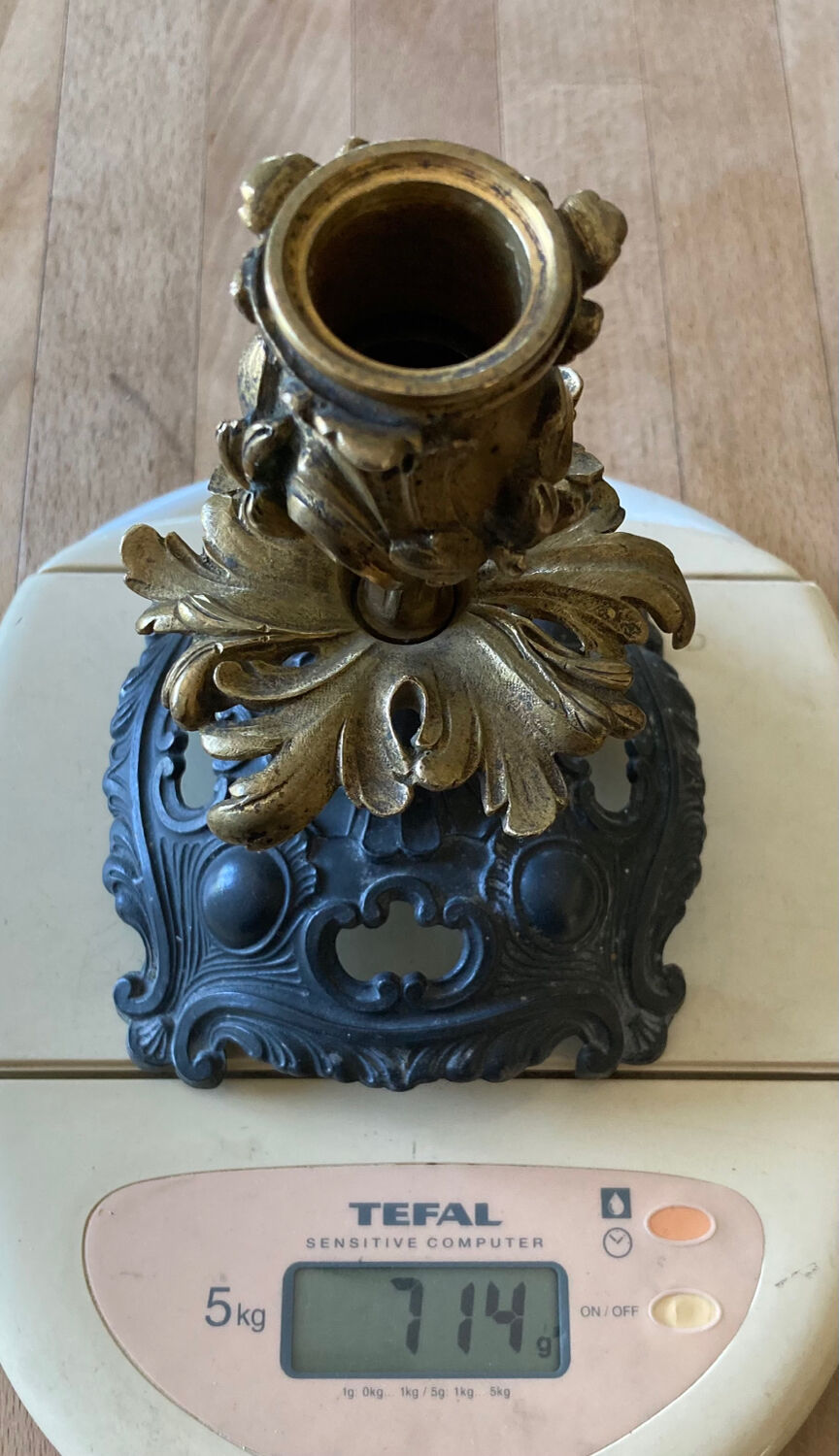 Louis XV candlestick in solid bronze openwork pewter base early twentieth century