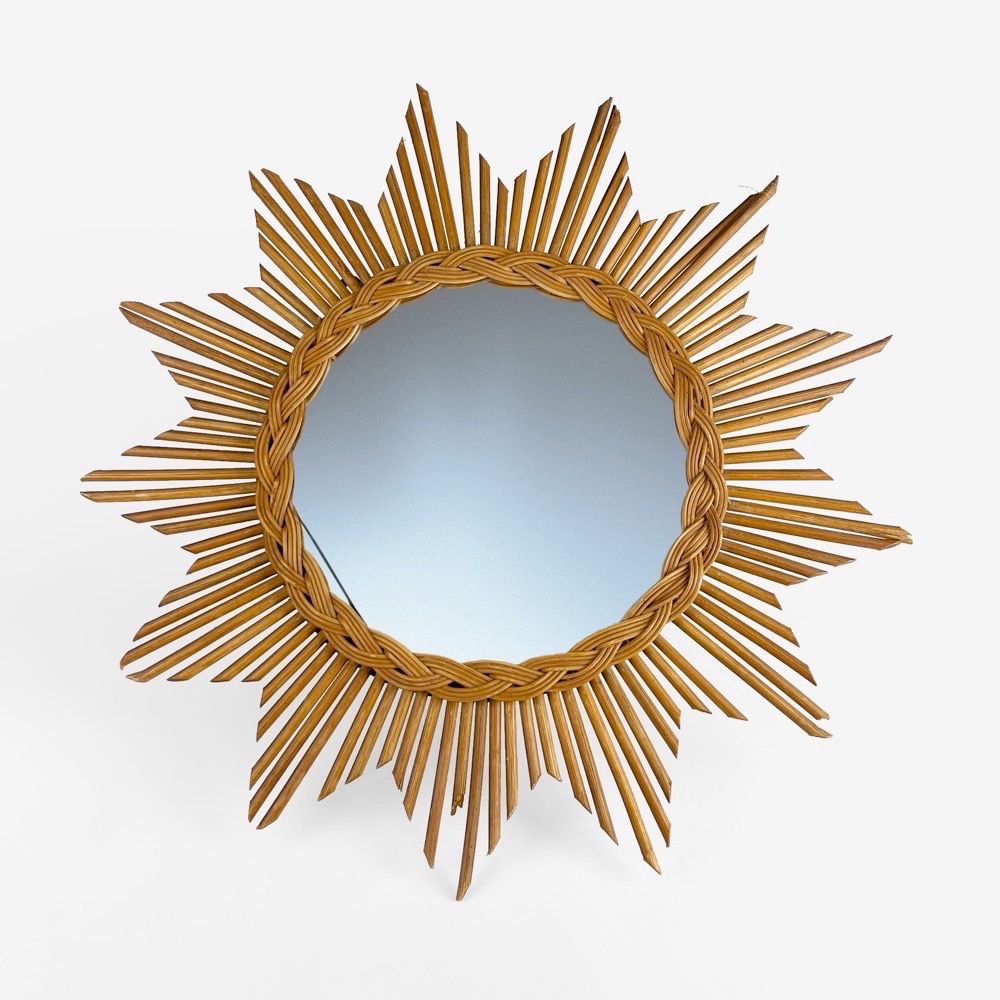 Sun mirror with starry frame wood and wicker 70s