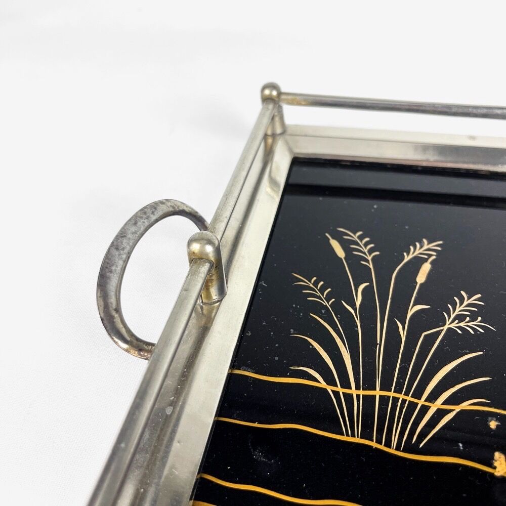 Art Deco tea tray glass and silver metal 30s