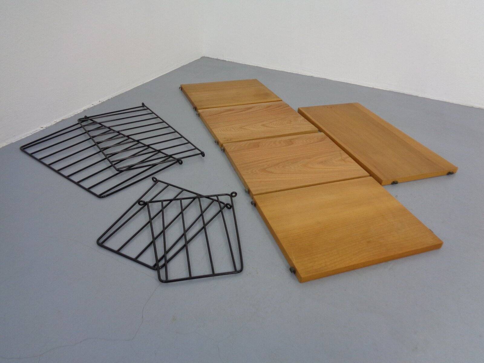 Swedish Ash and Metal Wall Unit by Kajsa & Nils Nisse Strinning for String, 1950s, Set of 9