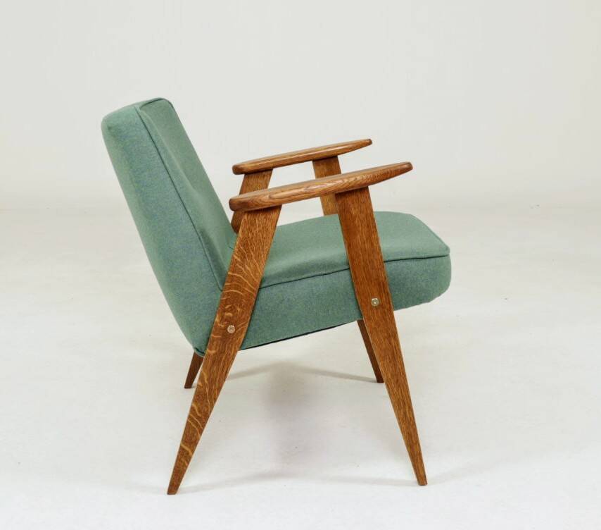 Fauteuil vintage en laine verte et bois de chêne