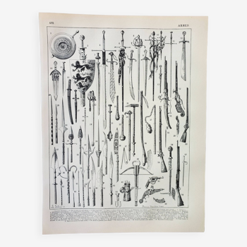 Gravure ancienne 1898, Armes anciennes, épée, pistolet, couteau • Lithographie, Planche originale