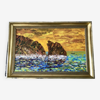 Tableau huile sur toile marine paysage soleil couchant encadré vintage