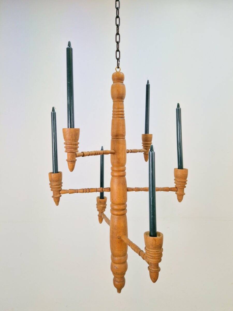 Brutalist Twisted Spool Candle Chandelier in Wood, 1960s