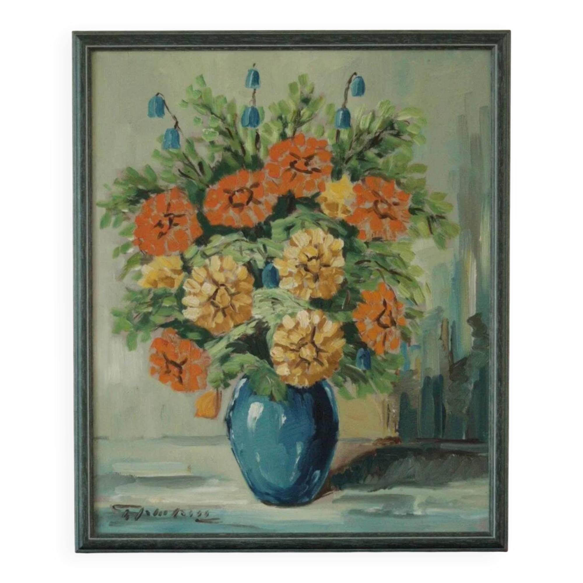 Original vintage oil on panel painting "Flowers in vase"
