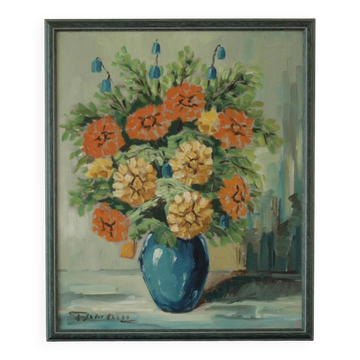 Original vintage oil painting on panel "Flowers in a vase"