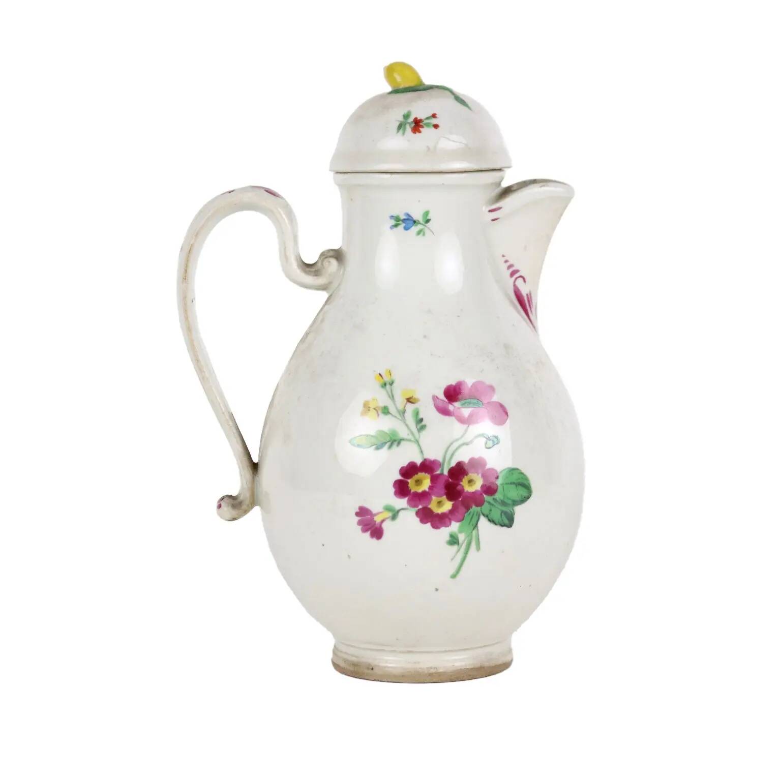 Antique white porcelain coffee pot from Vienna, painted, 18th century.