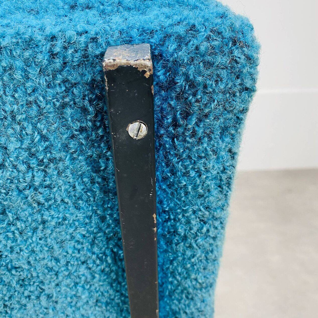 Modernist armchair from the 1950s in vintage blue boucle fabric.