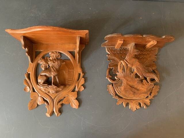 Black Forest carved wooden wall console, dog decor, folk art circa 1900