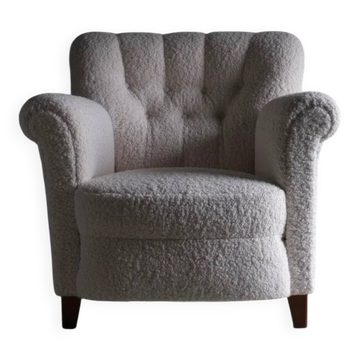 Fauteuil lounge en fausse fourrure blanche | Suède | Années 1940