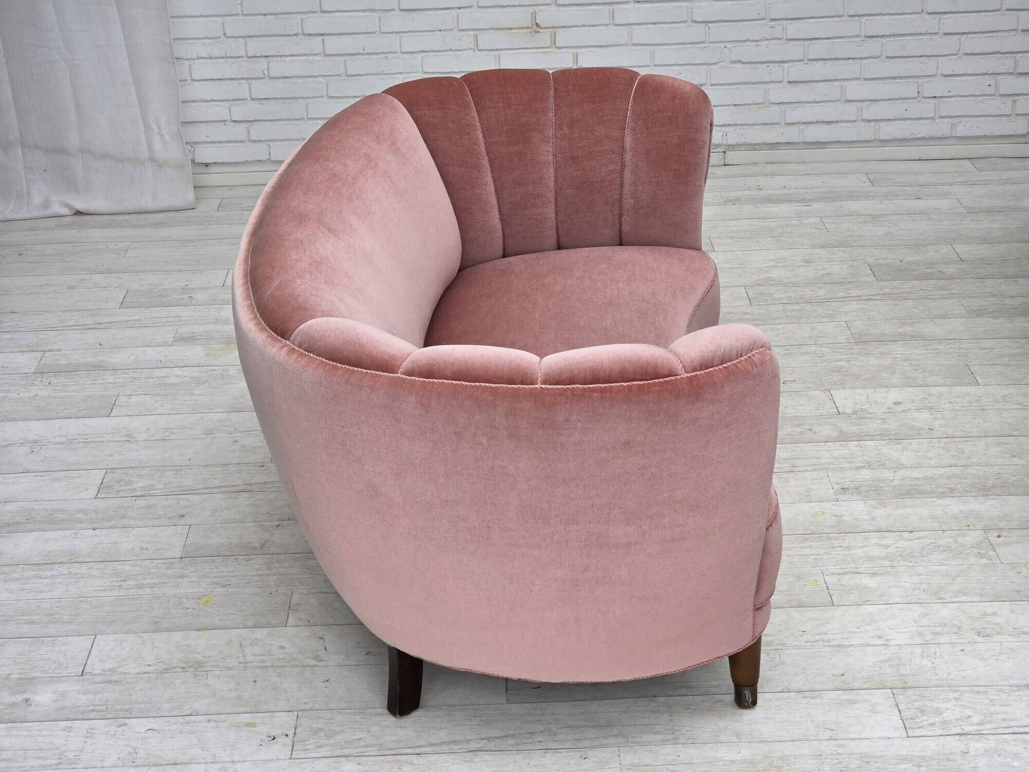 1970s, Danish 2-seater curved sofa, original salmon pink furniture velour.