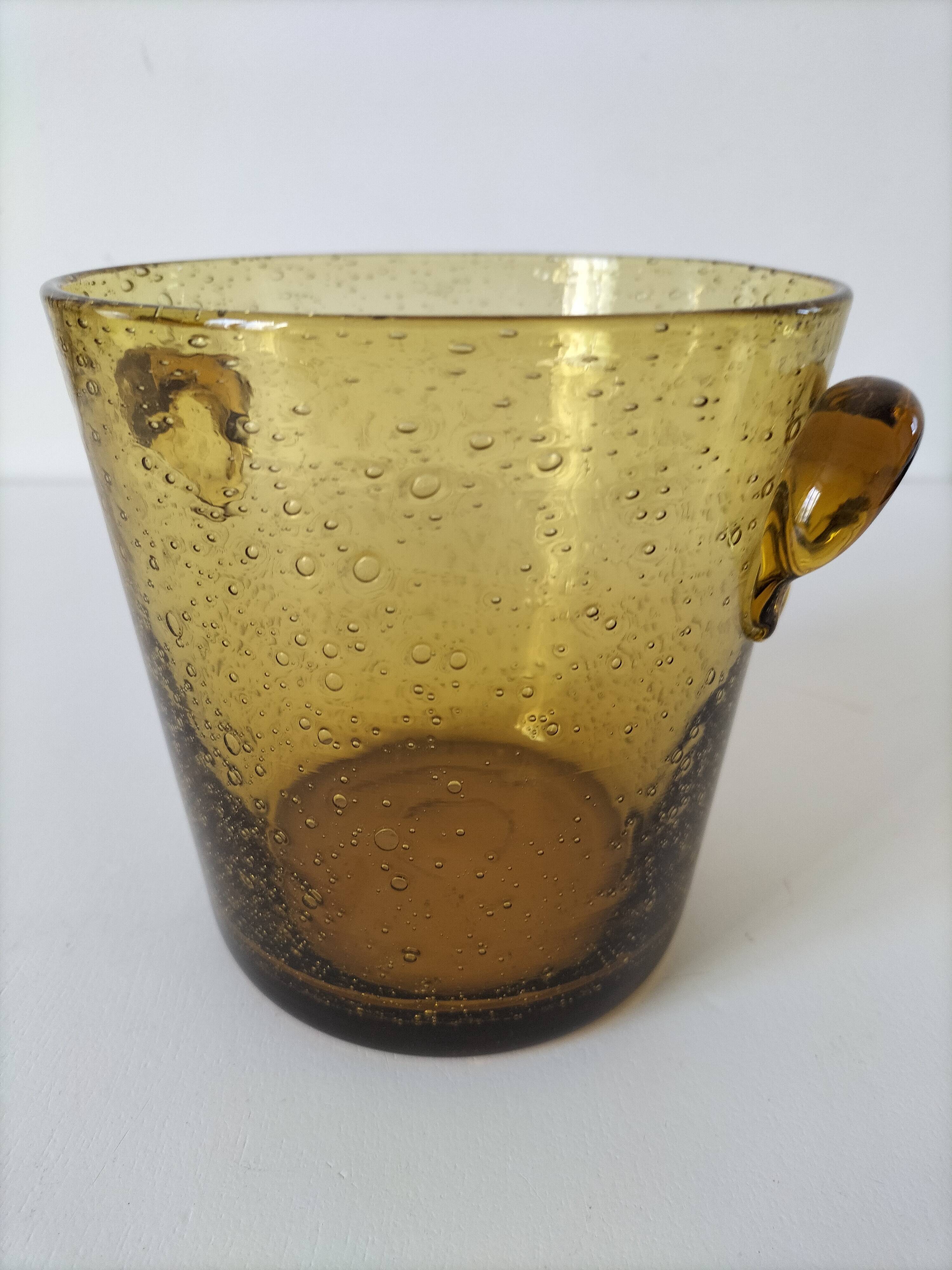 Vintage signed amber bubble blown glass ice bucket Biot