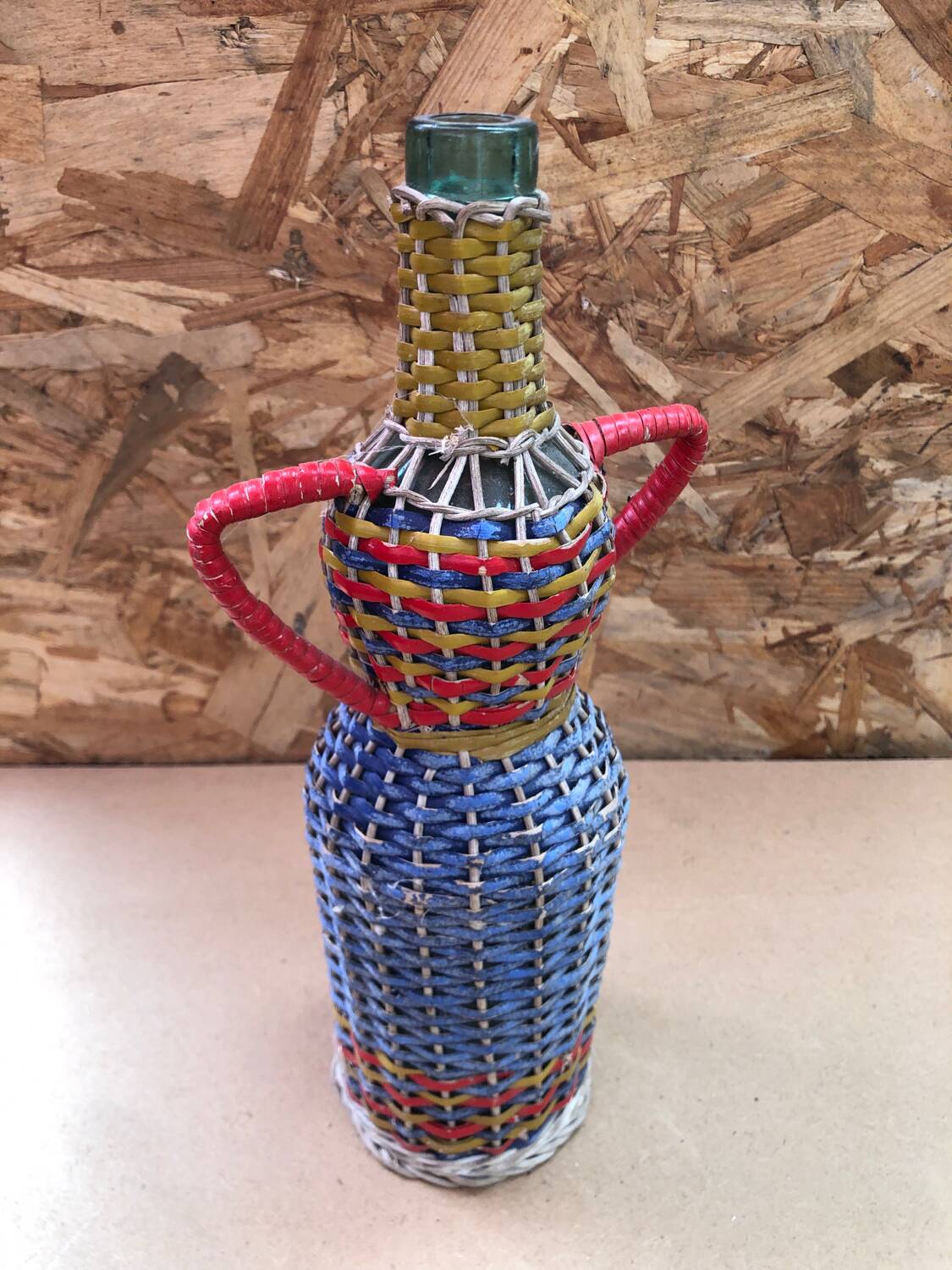 Old Lady Jeanne Bottle Glass + Rattan Woven Wicker Painted Vintage