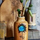 Ceramic vase "Poterie du Colombier" vintage blue sun