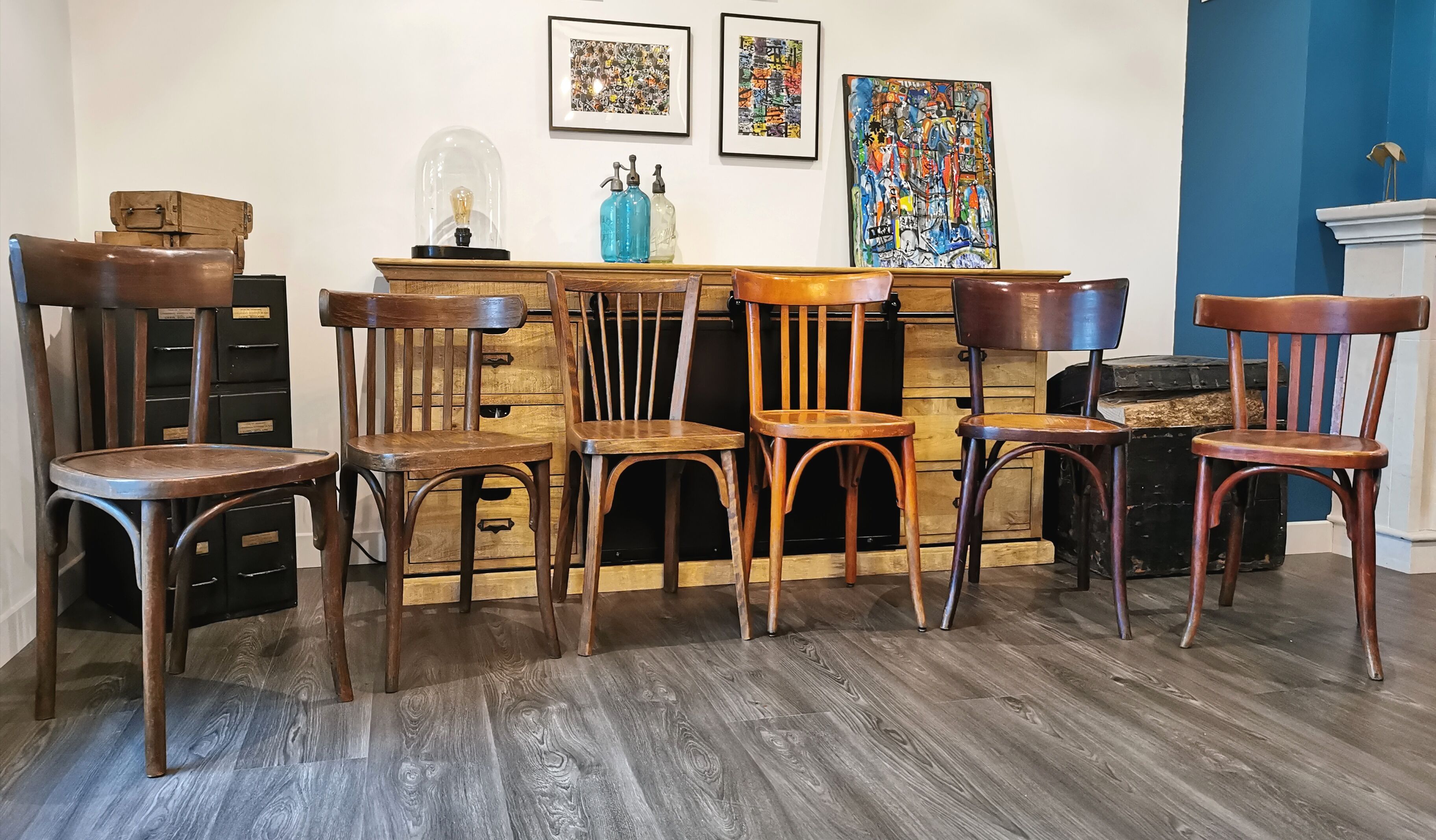 Series of 6 mismatched bistro chairs Baumann and Mahieu