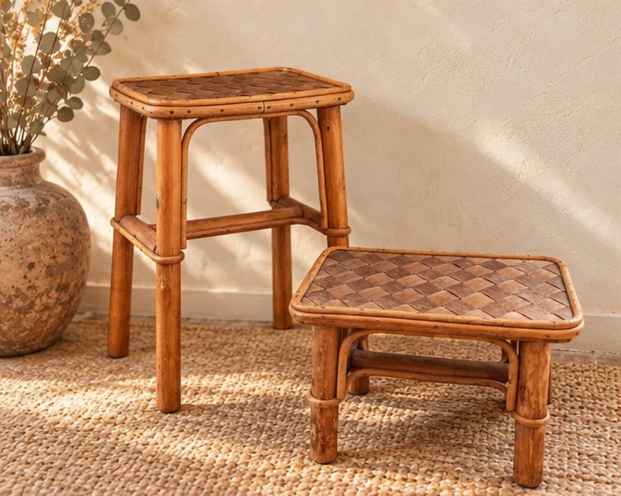 Ensemble de deux tabourets en bambou vintage français