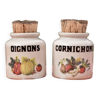 2 pots vintage à oignons et cornichons en grès vernissé - Marin Laflèche