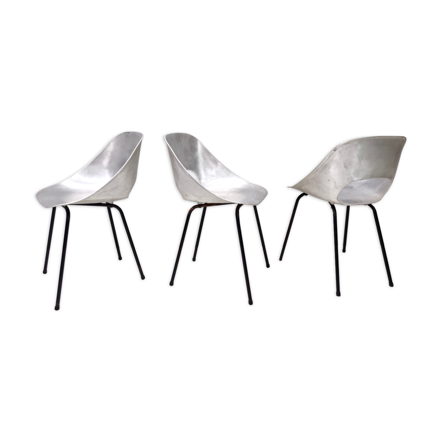 Set of Three Aluminum "Tulipe" Tonneu Chairs by Pierre Guariche, France