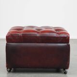 Red cow leather square chesterfield ottoman/storage pouf