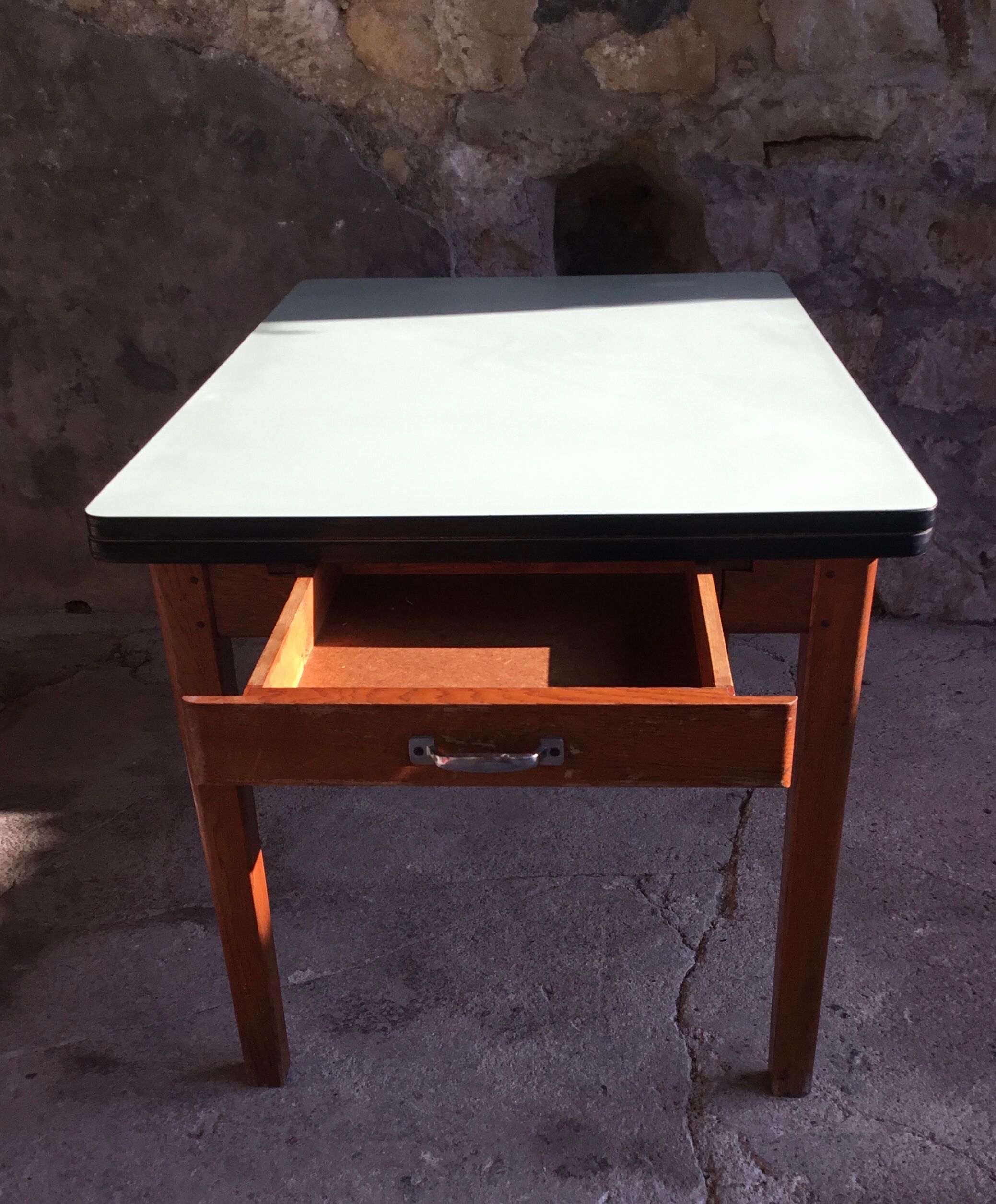 Vintage stretch table - oak footing - mint green formica tray - 1950