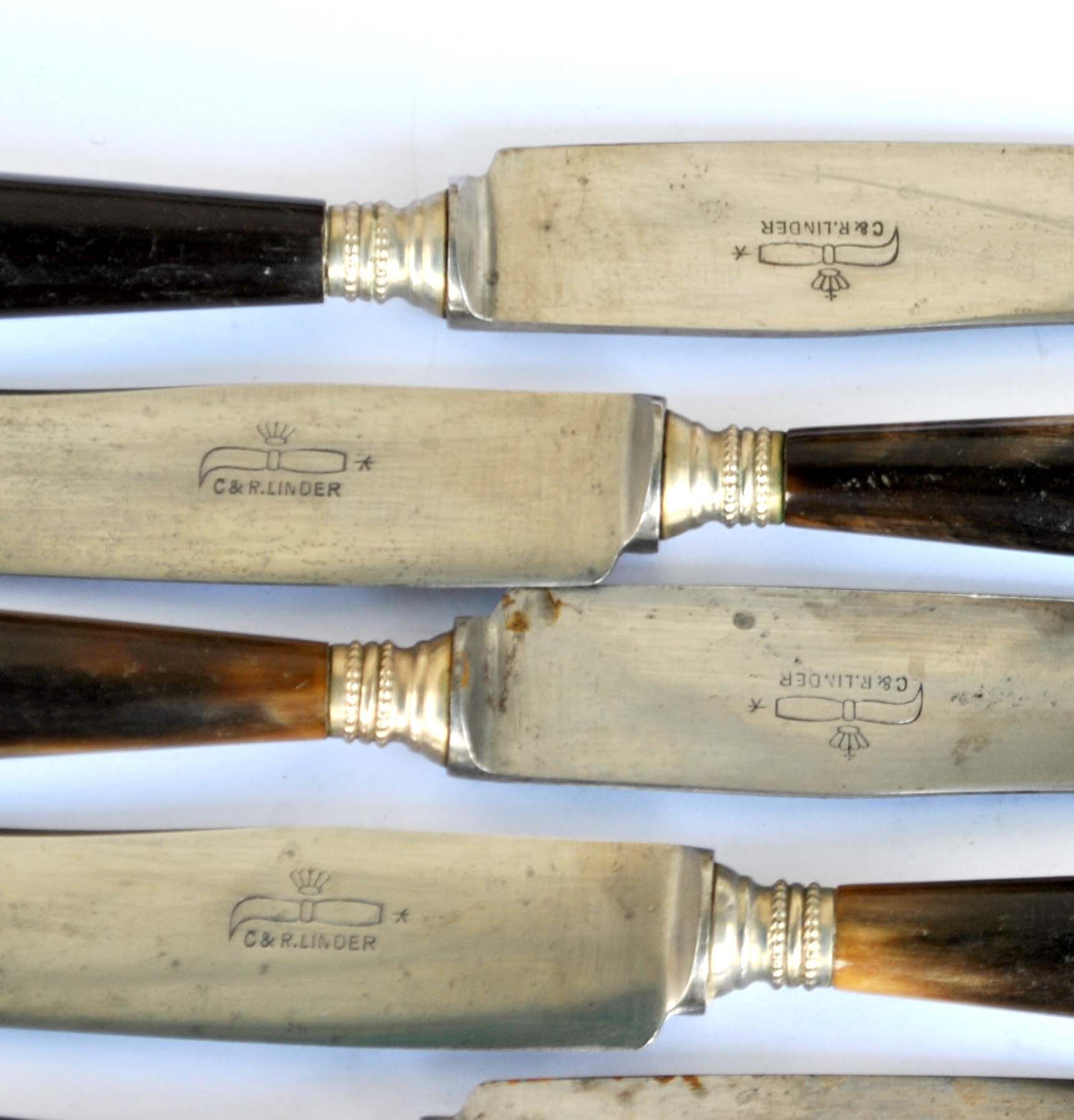 Set of 6 old table knives in horn and steel signed Linder