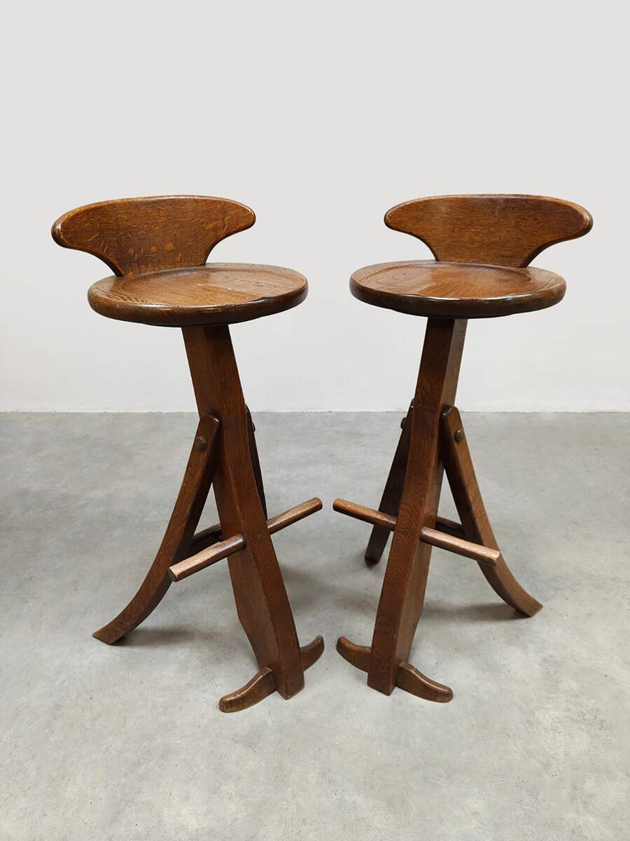 Vintage brutalist wooden bar stools