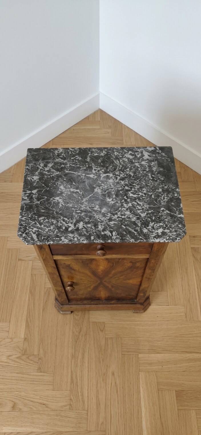 Antique bedside table in wood and grey marble, old brown.