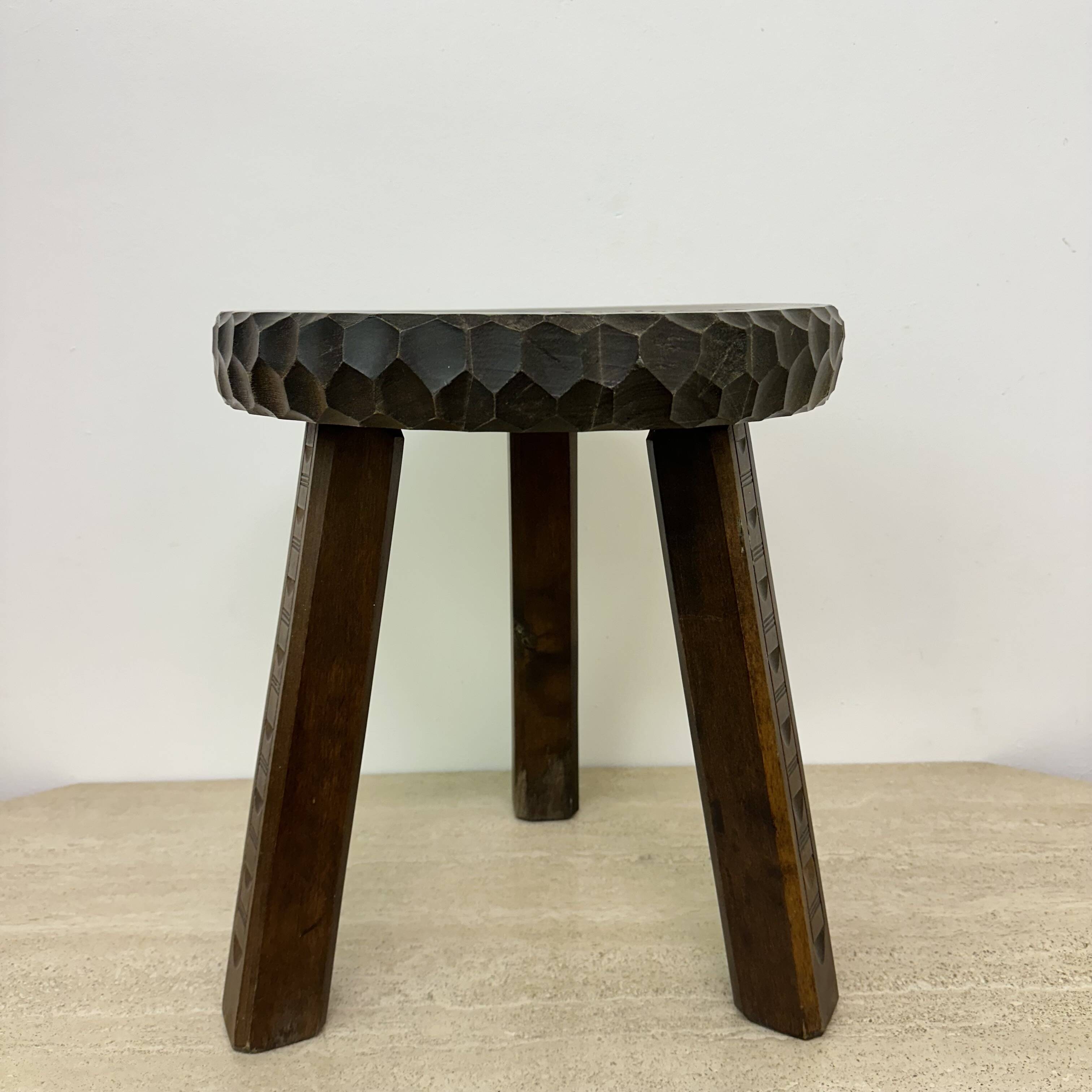 Hand carved solid oak brutalist stool , 1970s