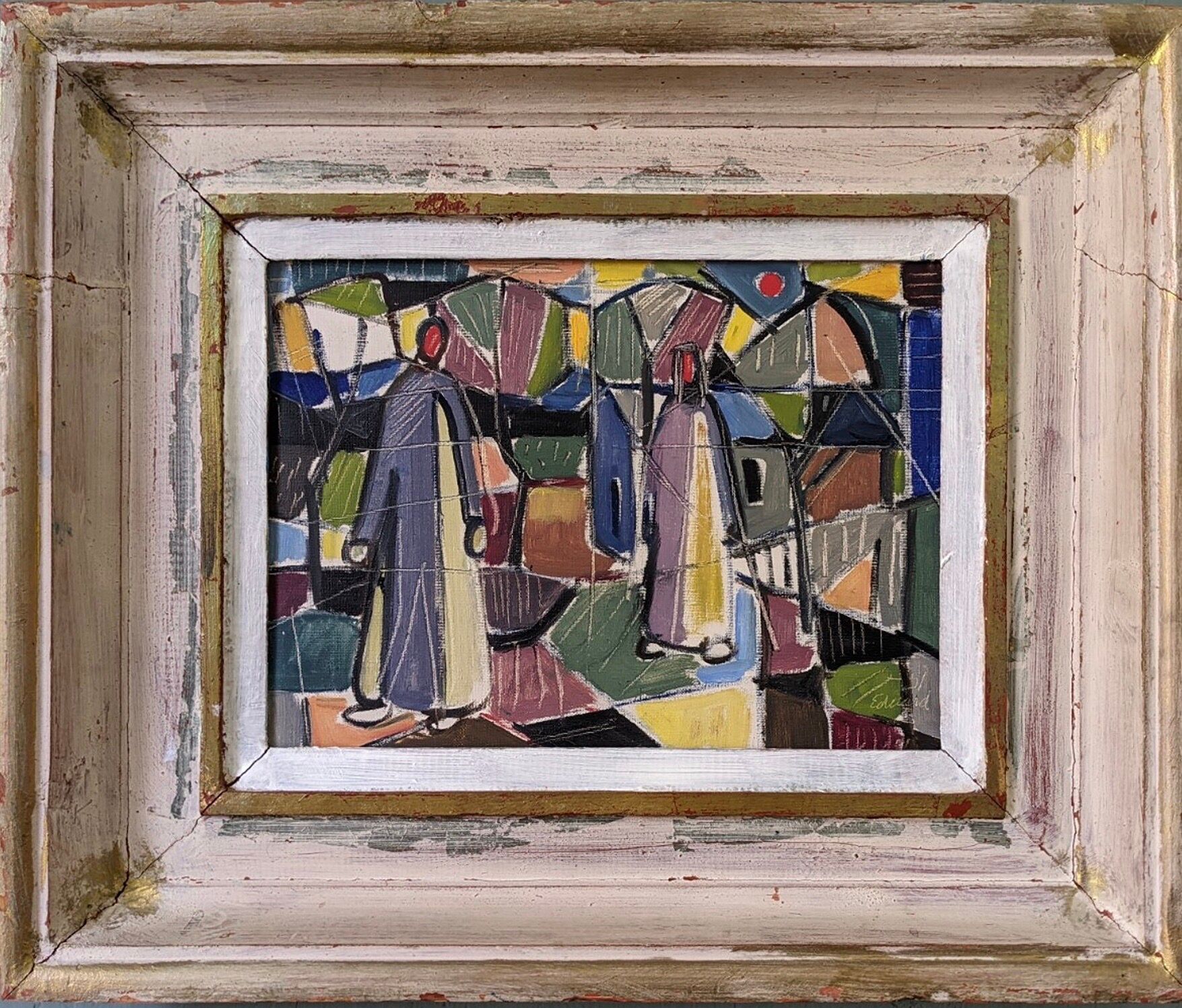1951 Mid-Century Modern "Figures in Colour" Vintage Geometric Abstract Figurative Oil Painting, Fram