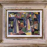 1951 Mid-Century Modern "Figures in Colour" Vintage Geometric Abstract Figurative Oil Painting, Fram