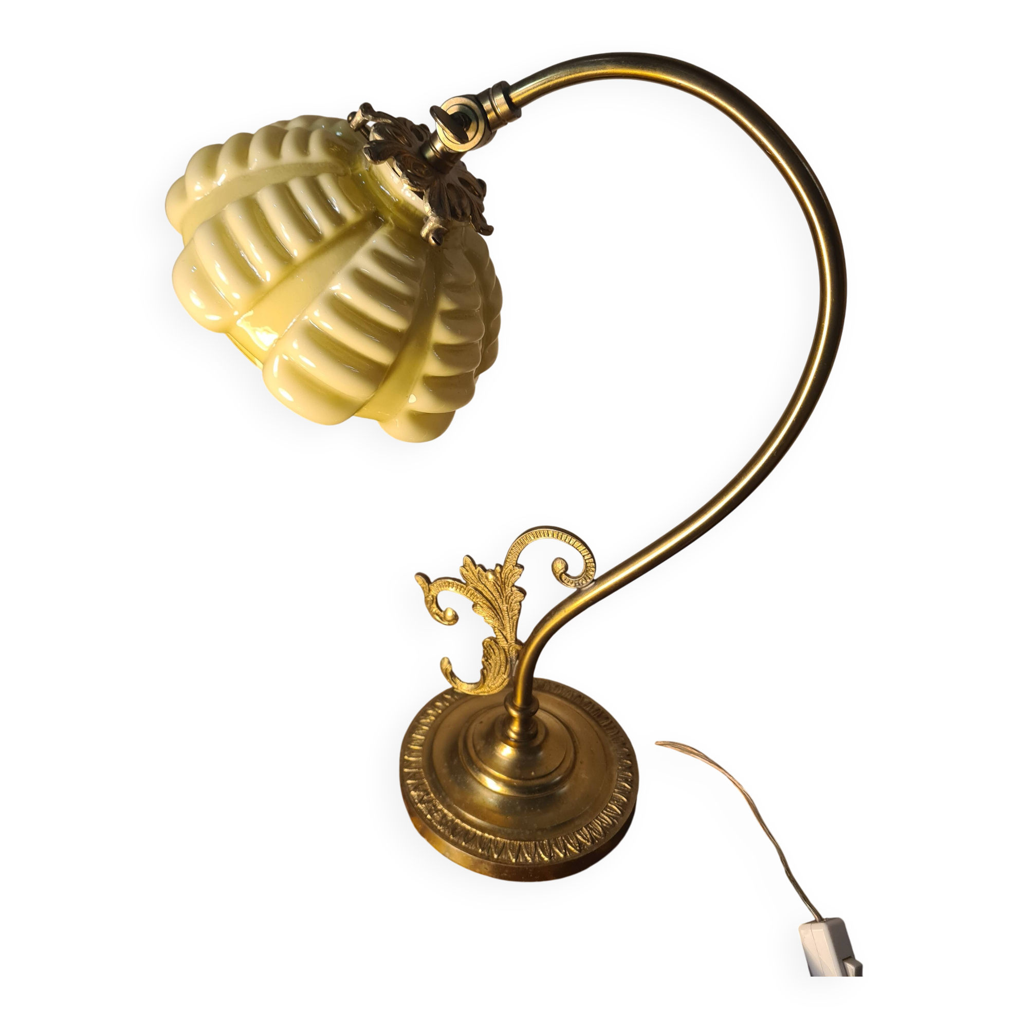 Bronze and brass lamp, opaline shade, 1950.
