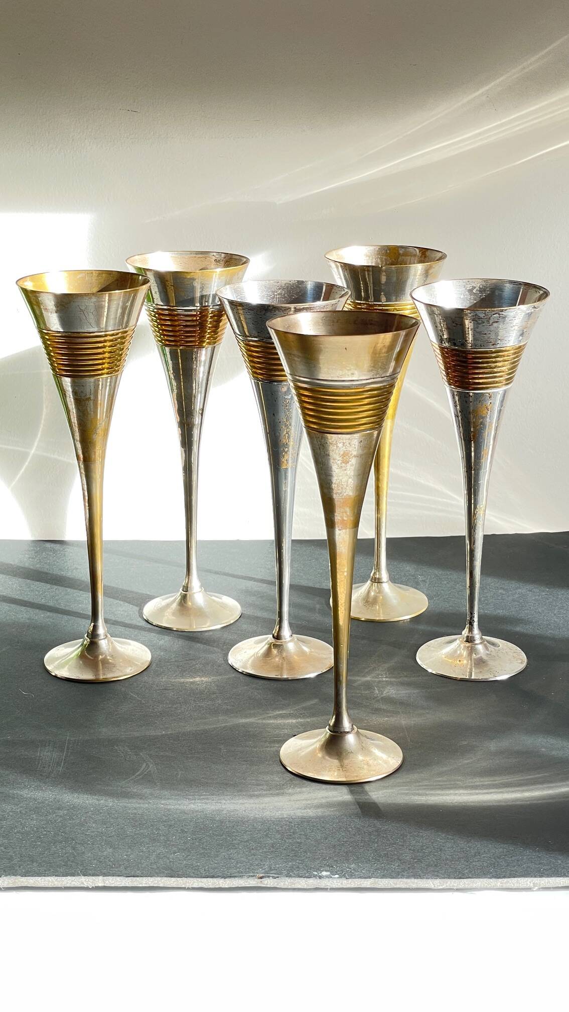6 Vintage Silver-Plated Brass Champagne Flutes