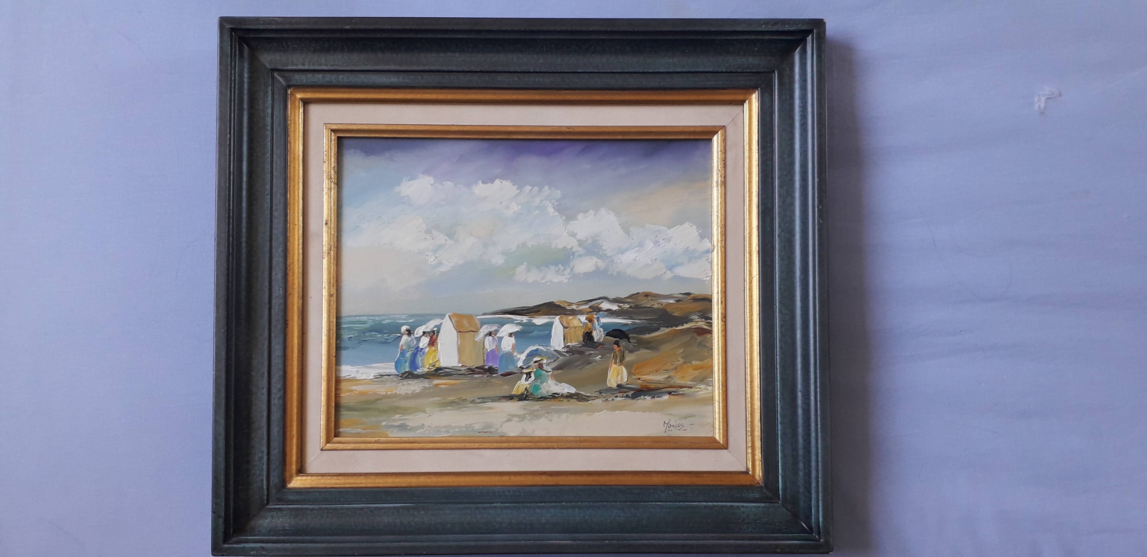 Antique oil painting depicting a seaside scene