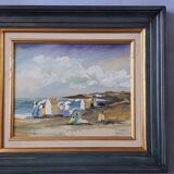 Antique oil painting depicting a seaside scene