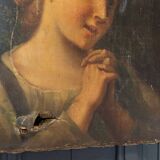 Oil on canvas portrait of young girl with plant crown 19th century