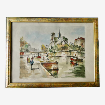 Engraving painting of Notre Dame Paris by G Lelong, annotated, 50s