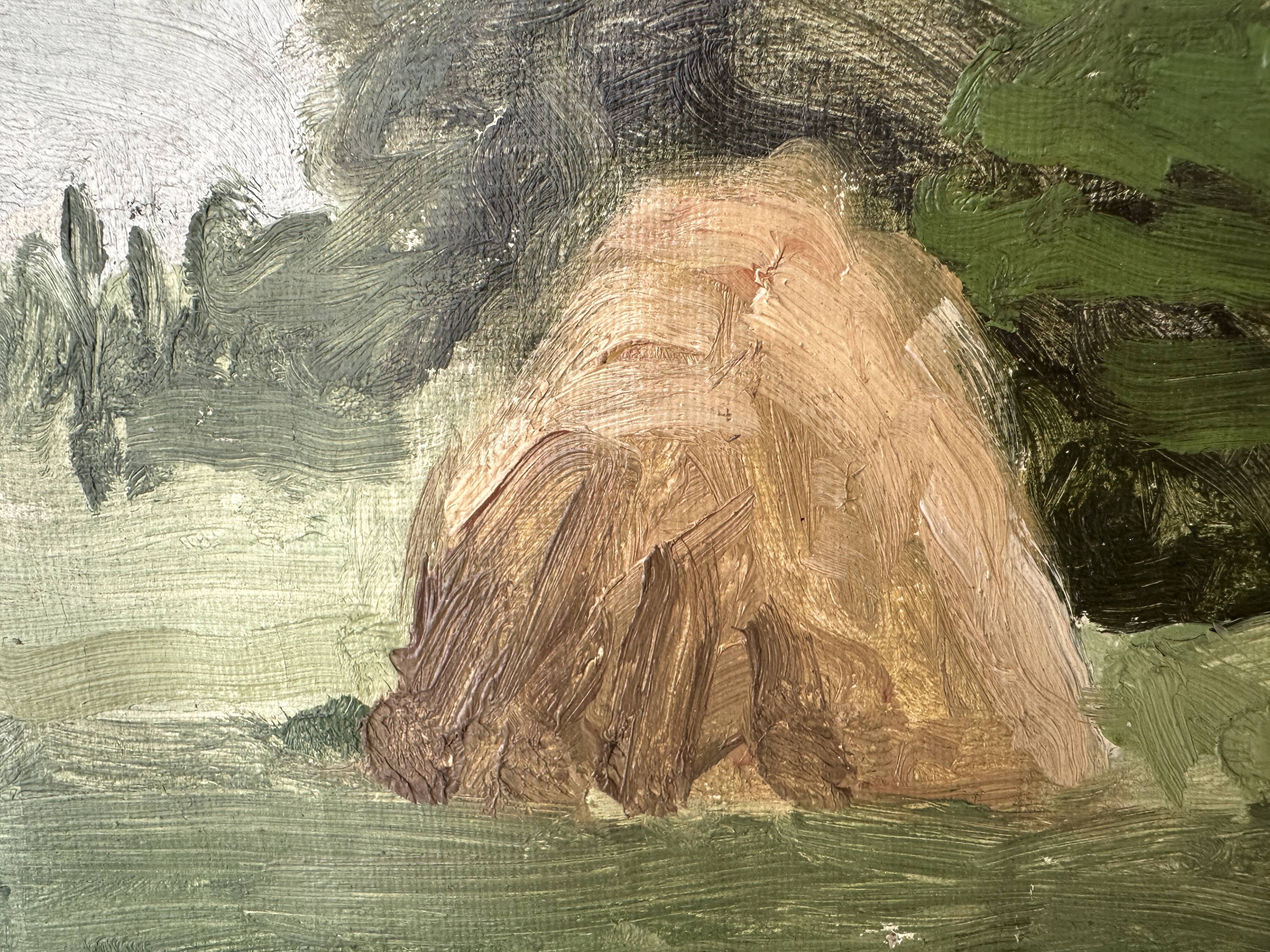 Old oil painting on canvas "The Haystacks" dated 1902.