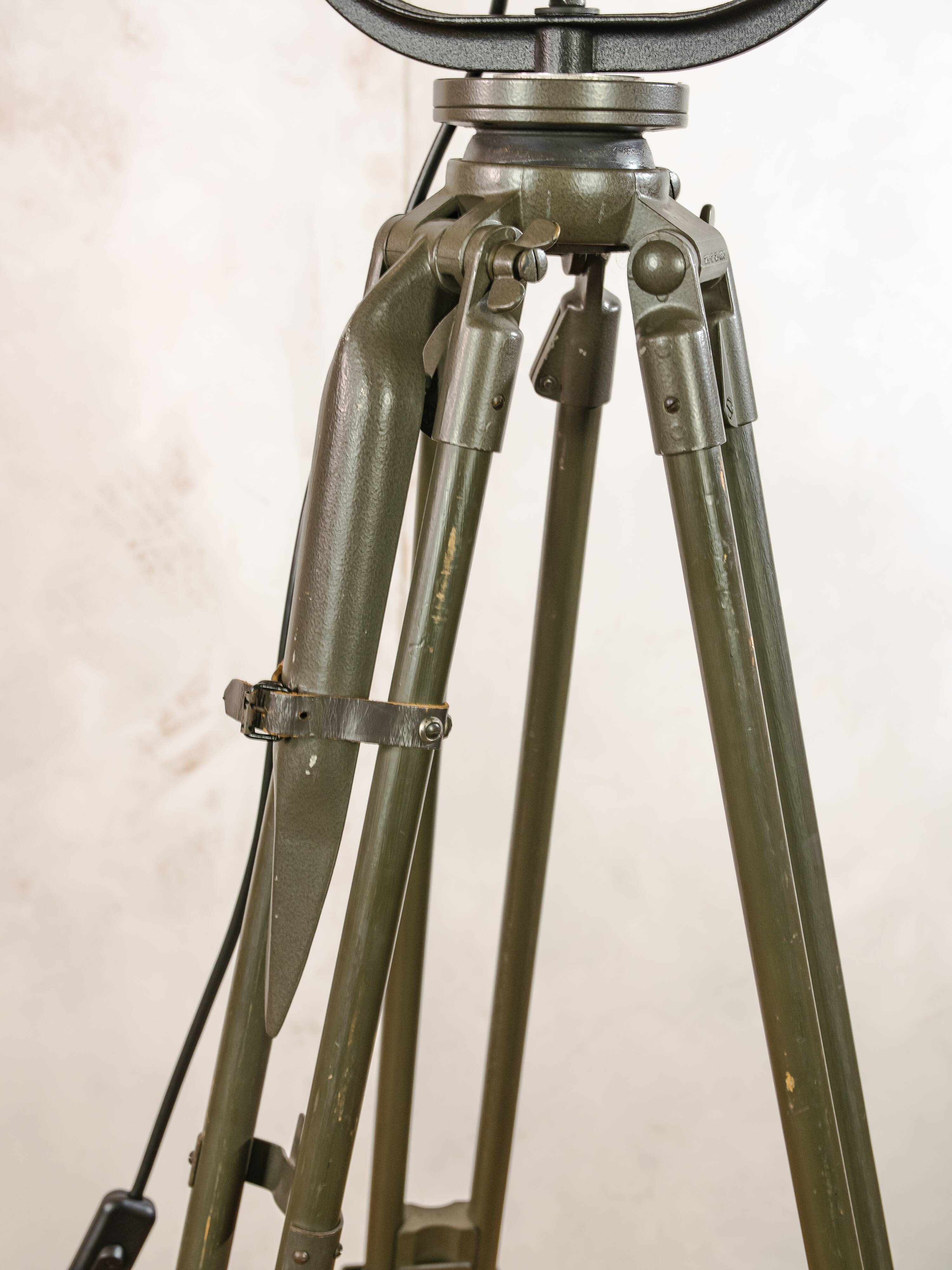 Vintage 1950s Strand Electric Patt 123 Theatre lamp on an old Wooden Army Surveyors Tripod