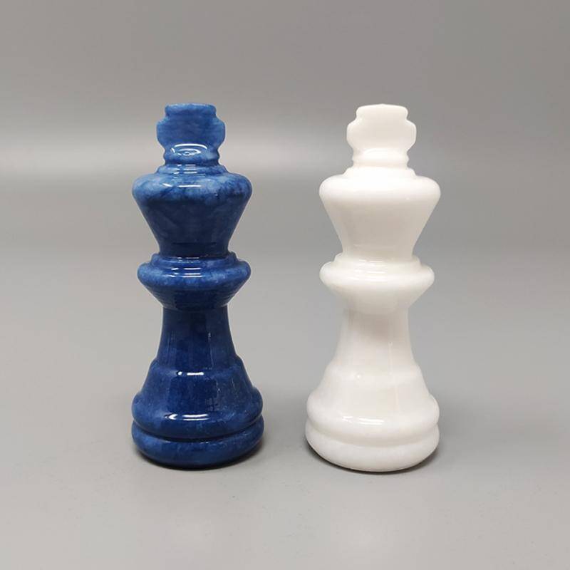 1970s Blue and White Chess Set in Volterra Alabaster Handmade. Made
